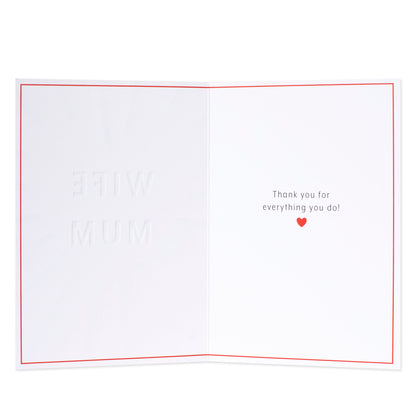 Hallmark Wife Card - Best Wife, Best Mum interior layout with embossed text and heartfelt message in red.