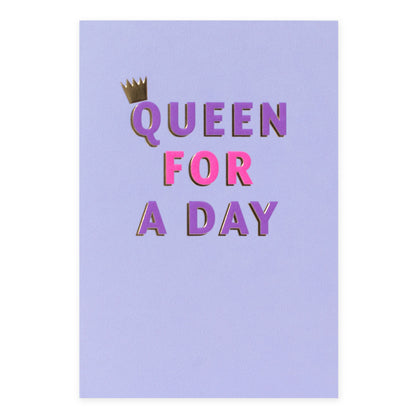 Hallmark Blank Card - Queen for a day in bright neons with embossed gold foil detailing on a lilac background, flat lay view.