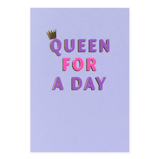 Hallmark Blank Card - Queen for a day in bright neons with embossed gold foil detailing on a lilac background, flat lay view.