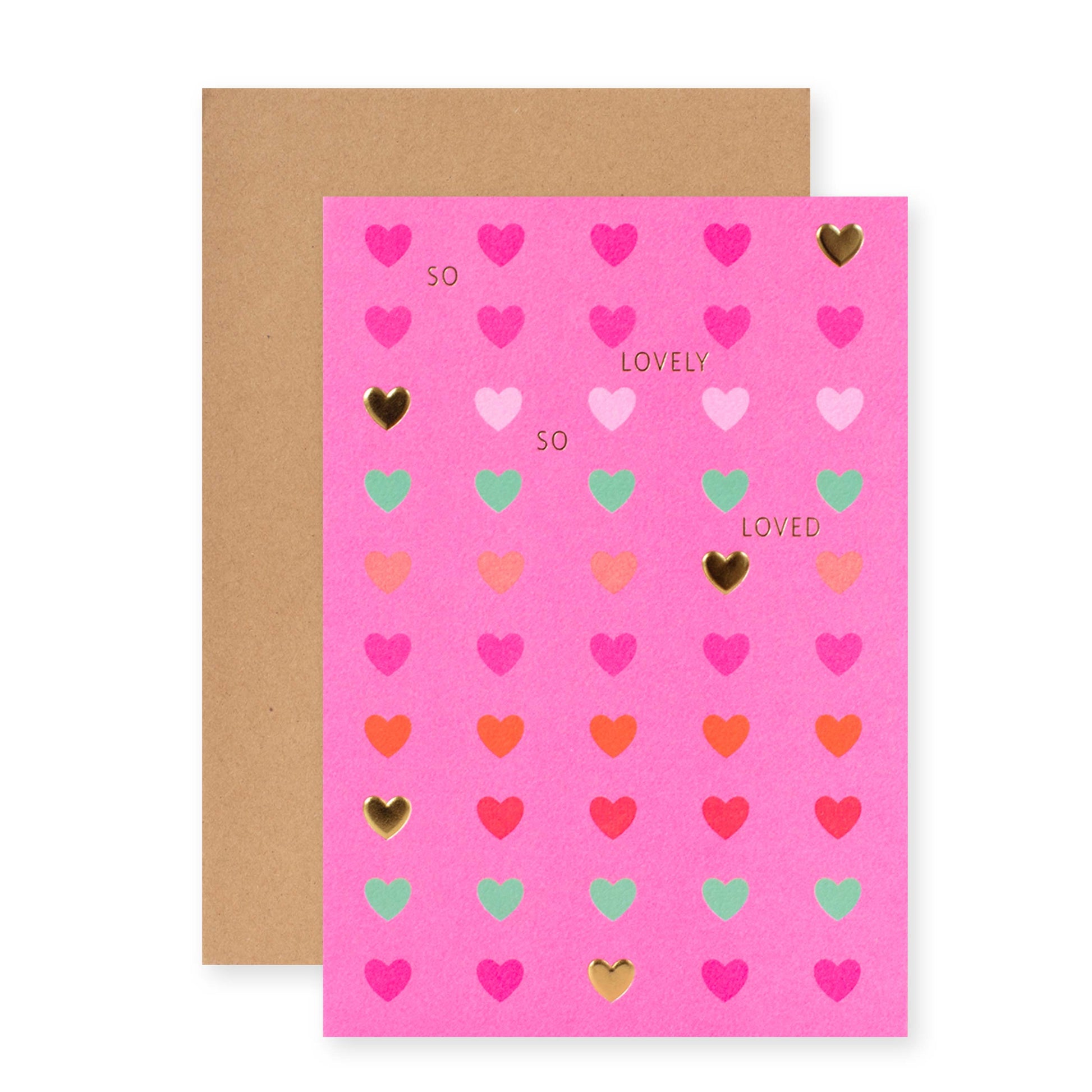 Hallmark Blank Card - So lovely, so loved, neon pink, embossed gold foil hearts, features Kraft envelope.