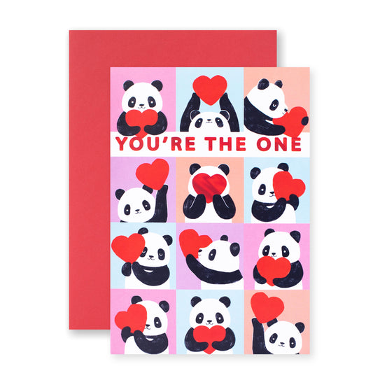 Hallmark Valentine's Day Card - You're The One featuring cute pandas holding hearts in a colourful grid design, blank inside.