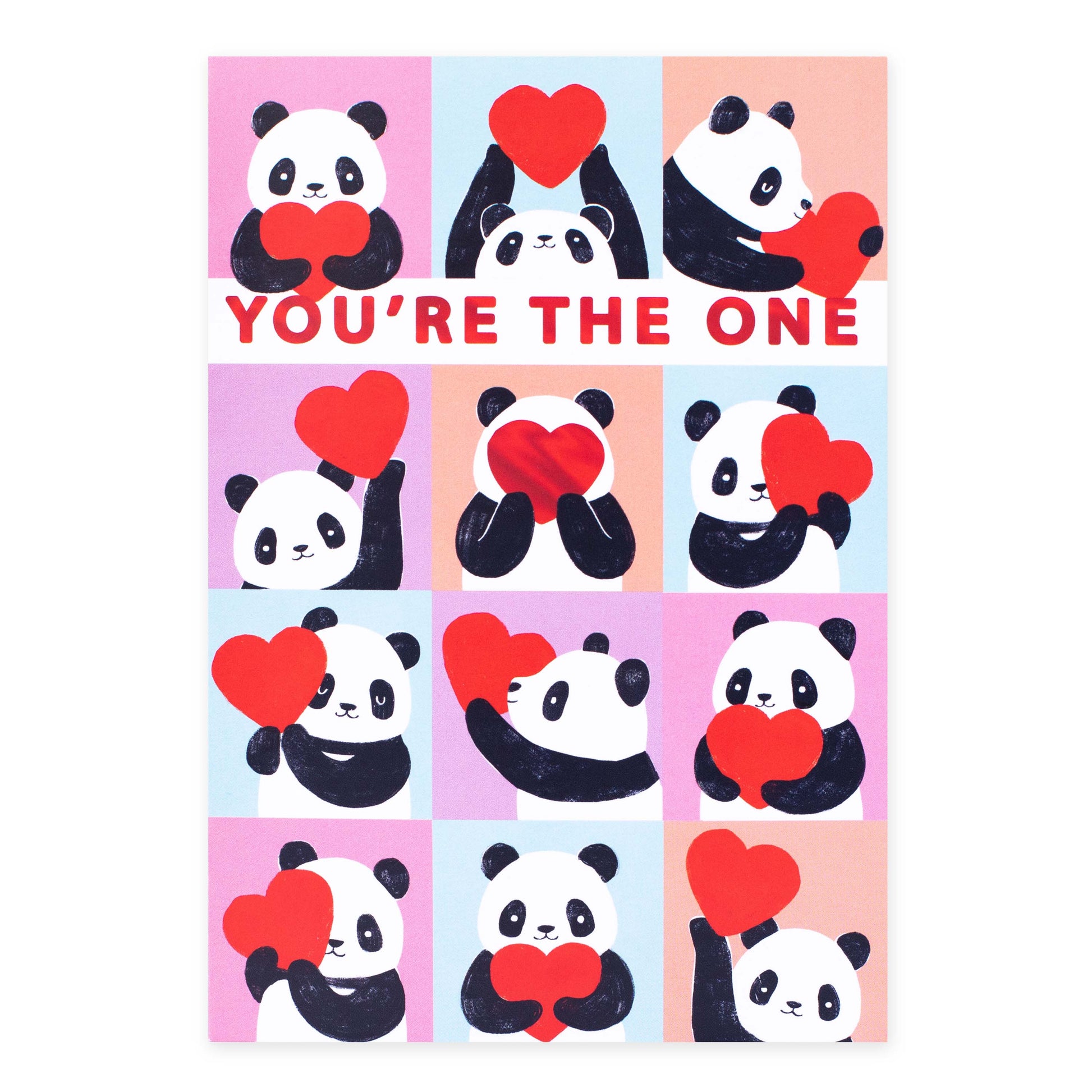 Hallmark Valentine's Day Card - You're The One featuring cute pandas holding hearts in a colourful collage design, front view.