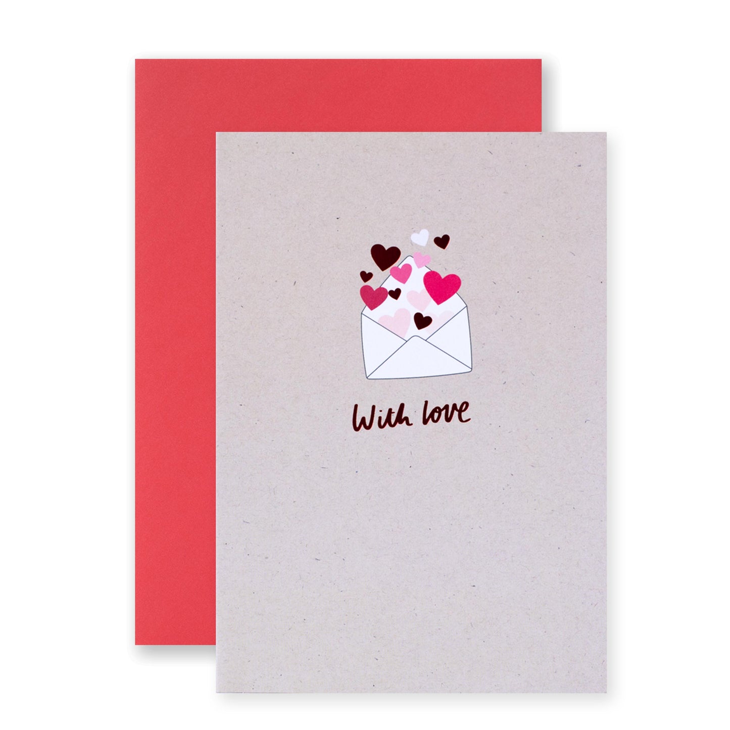 Hallmark Valentine's Day Card - With Love featuring an envelope illustration with hearts and pink foil detail, flat lay view.