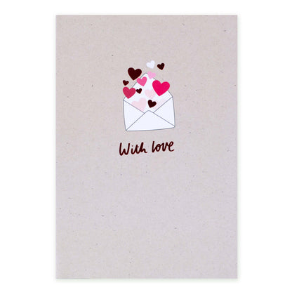 Hallmark Valentine's Day Card - With Love featuring an envelope illustration and heart accents on a kraft background.