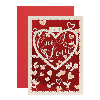 Hallmark Valentine's Day Card - For the One I Love featuring red foil background, floral designs and embossed heart details.