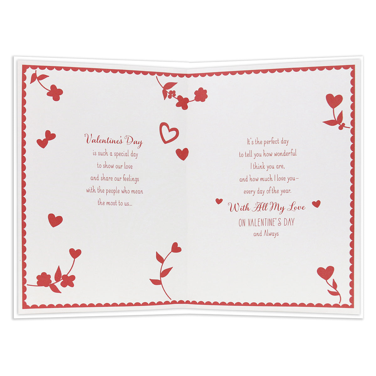 Hallmark Valentine's Day Card - For the One I Love, open view, featuring red text and floral designs inside.