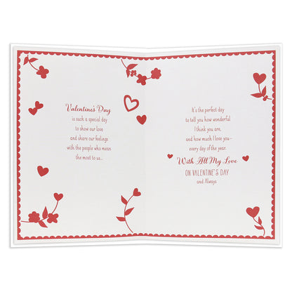 Hallmark Valentine's Day Card - For the One I Love, open view, featuring red text and floral designs inside.