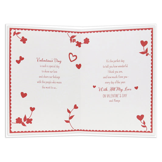 Hallmark Valentine's Day Card - For the One I Love, open view, featuring red text and floral designs inside.