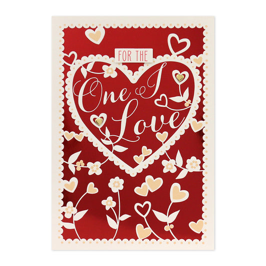 Hallmark Valentine's Day Card - For the One I Love, red foil background with embossed heart design and gold foil accents.