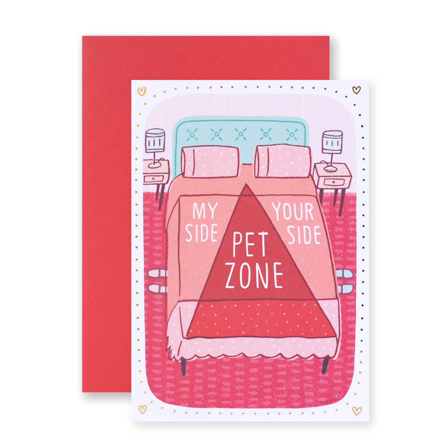 Hallmark Shoebox Valentine's Day Card - My Side, Pet Zone, Your Side featuring a fun illustration of a bed with text on a colourful background.