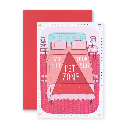 Hallmark Shoebox Valentine's Day Card - My Side, Pet Zone, Your Side featuring a fun illustration of a bed with text on a colourful background.