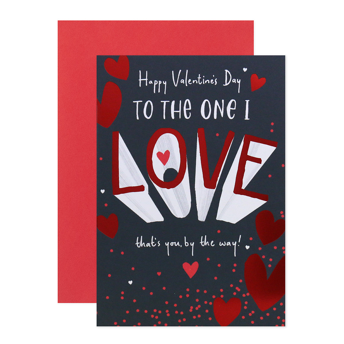 Hallmark Valentine's Day Card - To The One I Love, featuring red foil and hearts, front design with playful text on dark background.