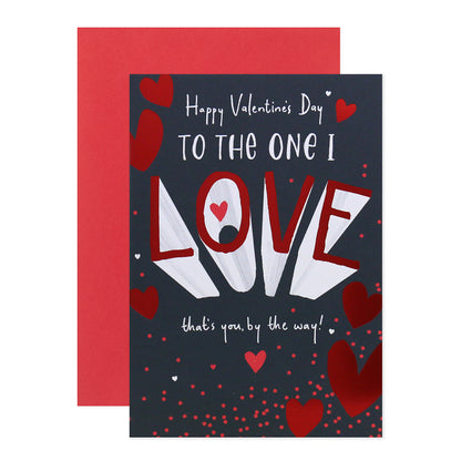Hallmark Valentine's Day Card - To The One I Love, featuring red foil and hearts, front design with playful text on dark background.