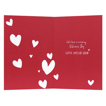 Hallmark Valentine's Day Card - To The One I Love interior showing red background with white hearts and message in elegant font.