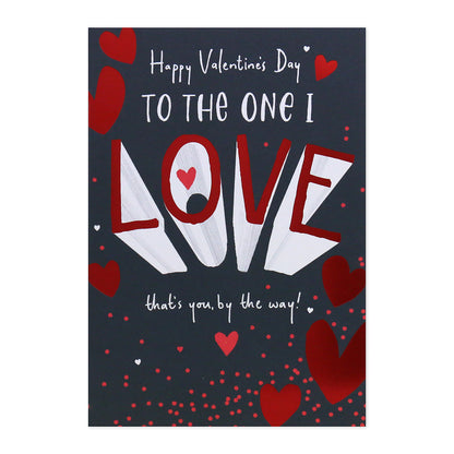 Hallmark Valentine's Day card - To The One I Love with red and white foil detailing, featuring hearts and a playful design.