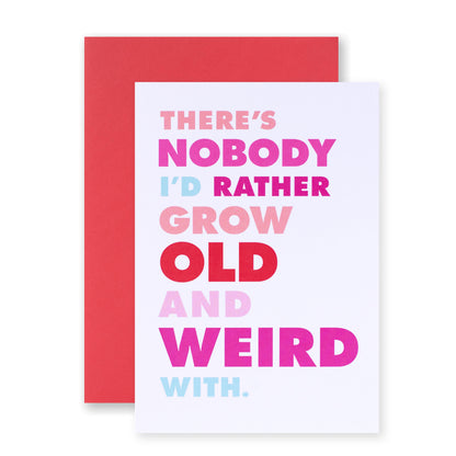 Hallmark Shoebox Valentine's Day Card - Old And Weird features colourful text on the front with a red background.