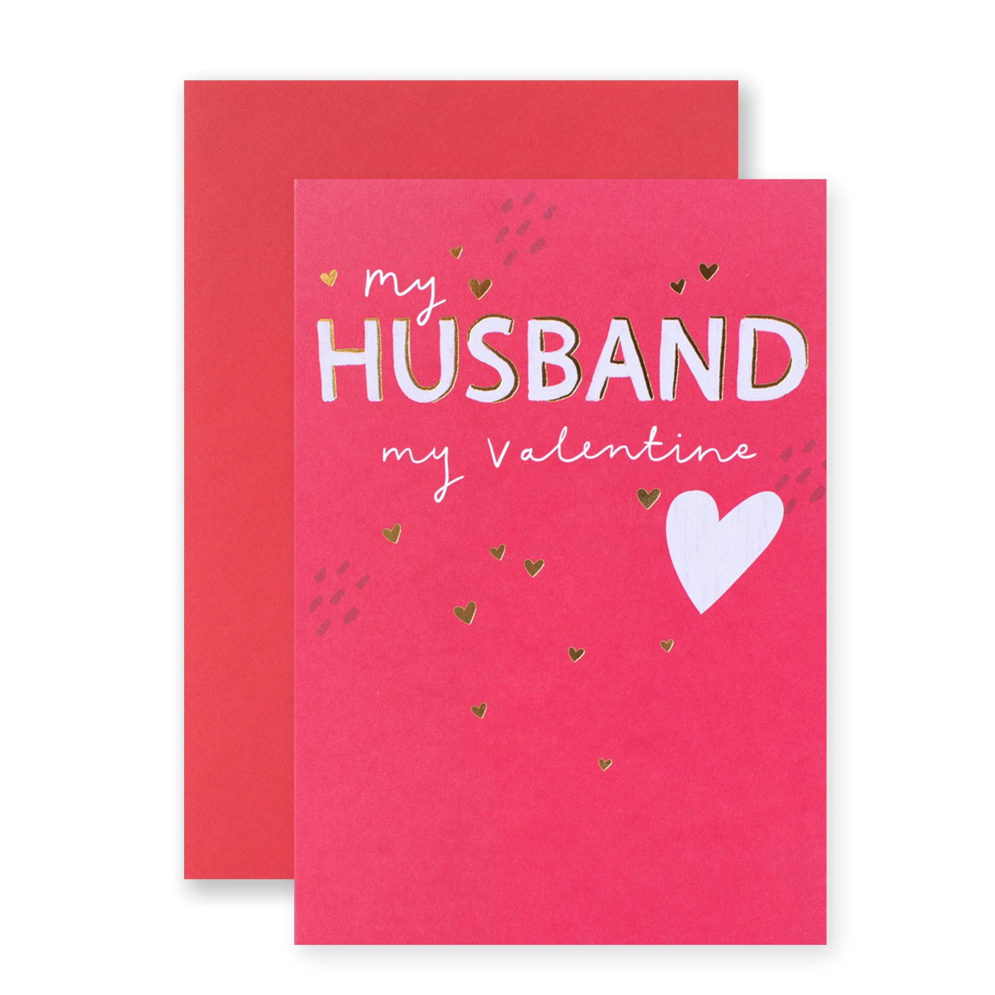 Hallmark Valentine's Day Husband Card - My Husband My Valentine in bright pink with gold foil and heart design, flat lay view.