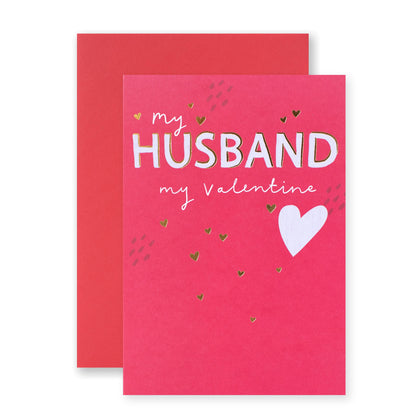 Hallmark Valentine's Day Husband Card - My Husband My Valentine in bright pink with gold foil and heart design, flat lay view.