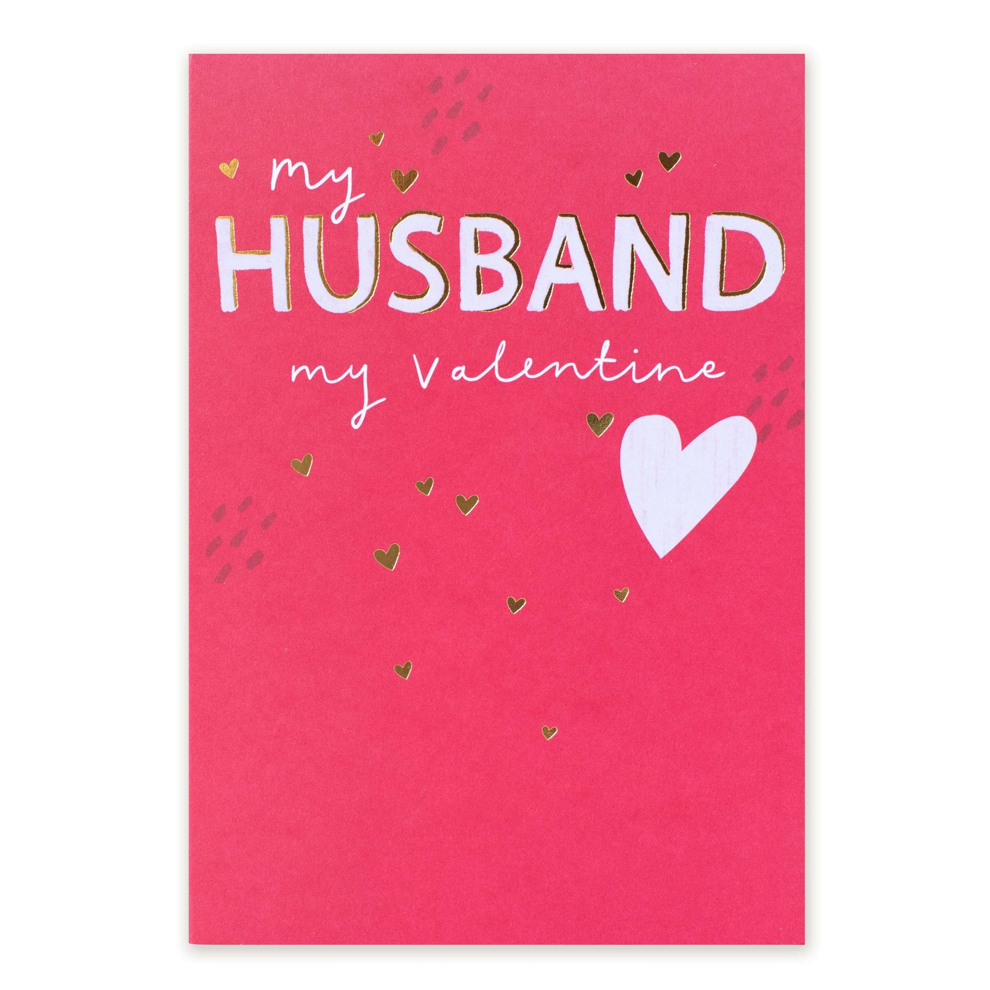 Hallmark Valentine's Day Husband Card - My Husband My Valentine with gold foil detail on a bright pink background, featuring heart accents.
