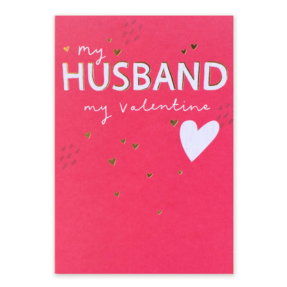 Hallmark Valentine's Day Husband Card - My Husband My Valentine with gold foil detail on a bright pink background, featuring heart accents.
