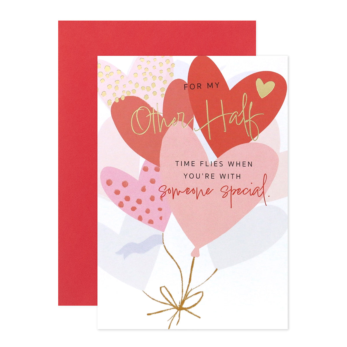 Hallmark Valentine's Day Card - For My Other Half featuring colourful heart-shaped balloons and gold foil detailing in a flat lay view.