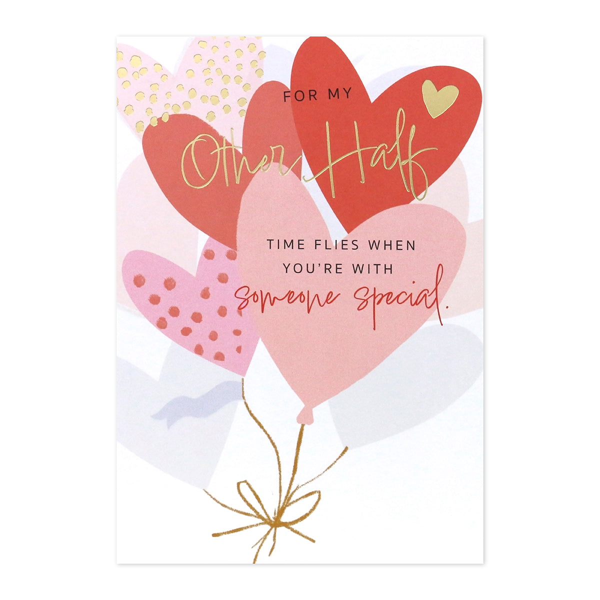 Hallmark Valentine's Day Card - For My Other Half featuring colourful heart balloons and gold foil detailing, flat lay view.