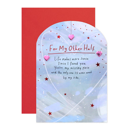 Hallmark Valentine's Day Card - For My Other Half featuring 3D pink foil hearts and red foil detailing on a blue background.