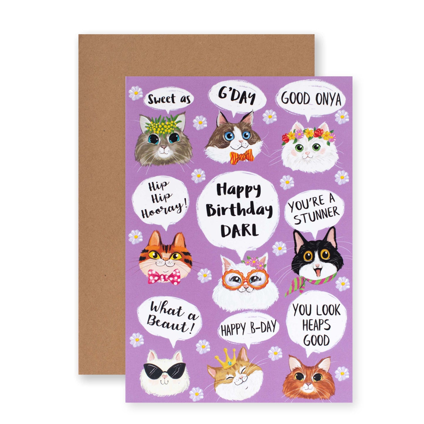 Hallmark Ozzy Oddities Birthday Card - Raining Cats featuring playful cat illustrations on a light purple background with floral accents and bold text.