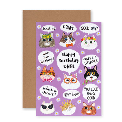 Hallmark Ozzy Oddities Birthday Card - Raining Cats featuring playful cat illustrations on a light purple background with floral accents and bold text.