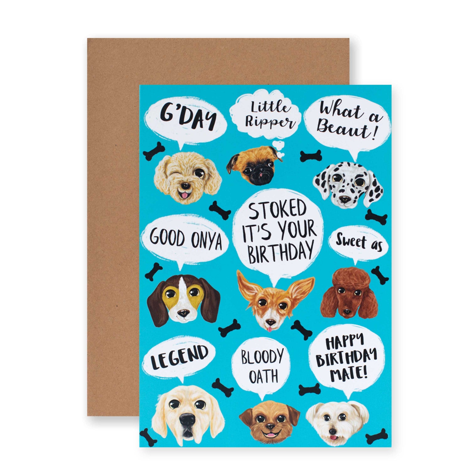 Hallmark Ozzy Oddities Birthday Card - Raining Dogs featuring colourful dog illustrations and fun birthday messages on a bright blue background.