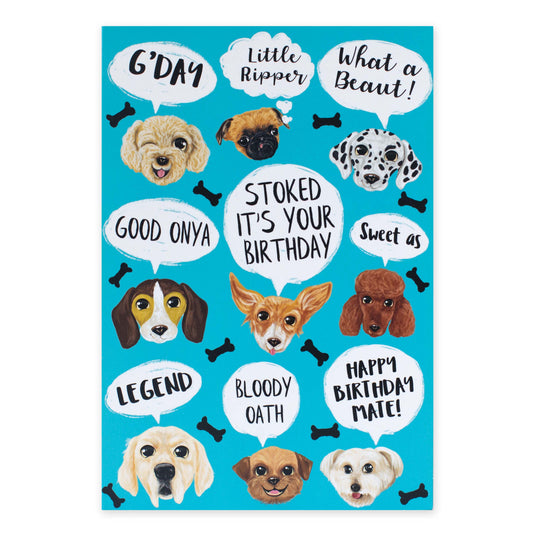 Hallmark Ozzy Oddities Birthday Card - Raining Dogs featuring fun dog illustrations and celebratory messages on a bright blue background.
