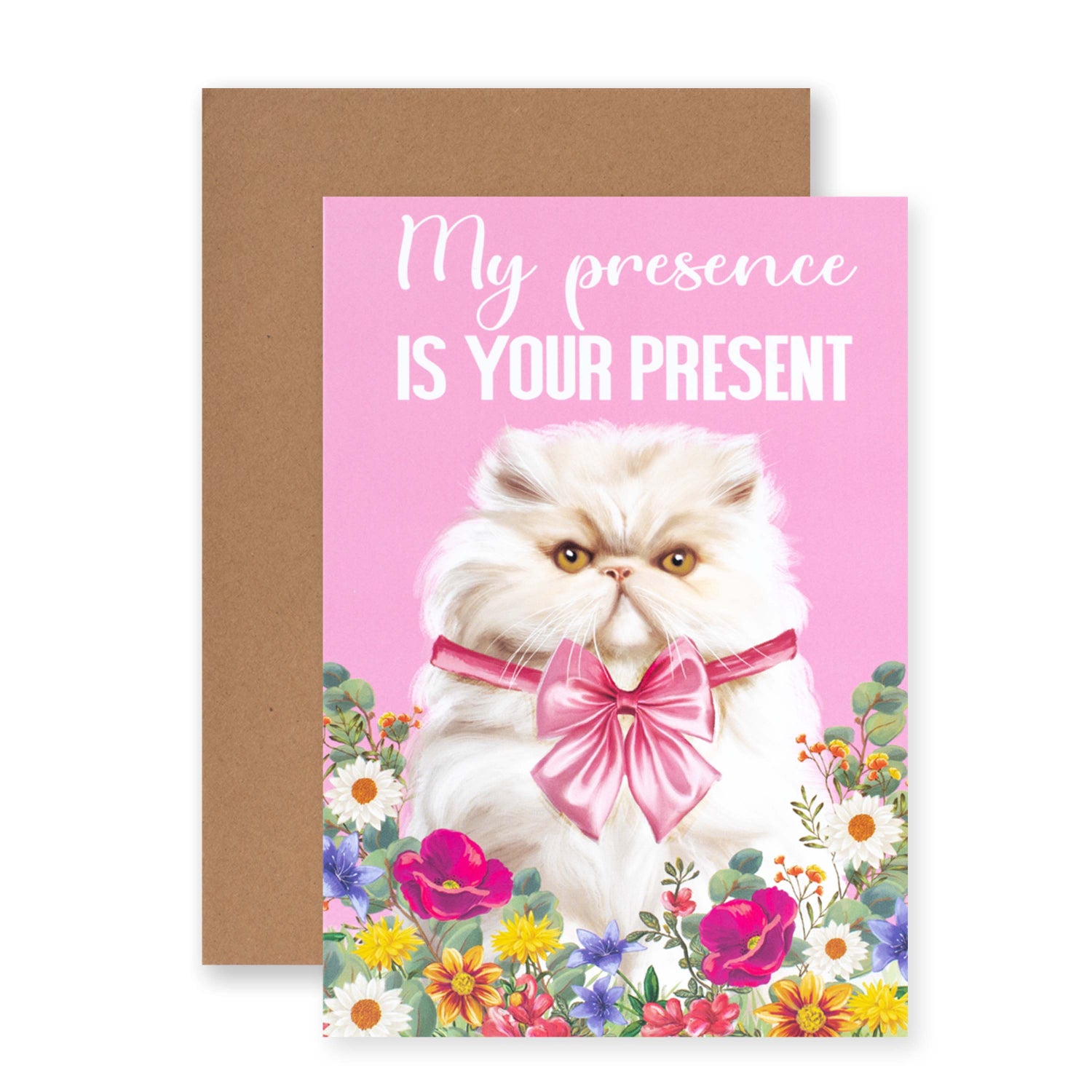 Hallmark Ozzy Oddities Birthday Card - My Presence Is Your Present featuring a fluffy white cat with a pink bow, floral design.