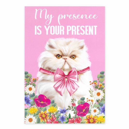 Hallmark Ozzy Oddities Birthday Card - My Presence Is Your Present with fluffy white cat in pink bow and floral design.