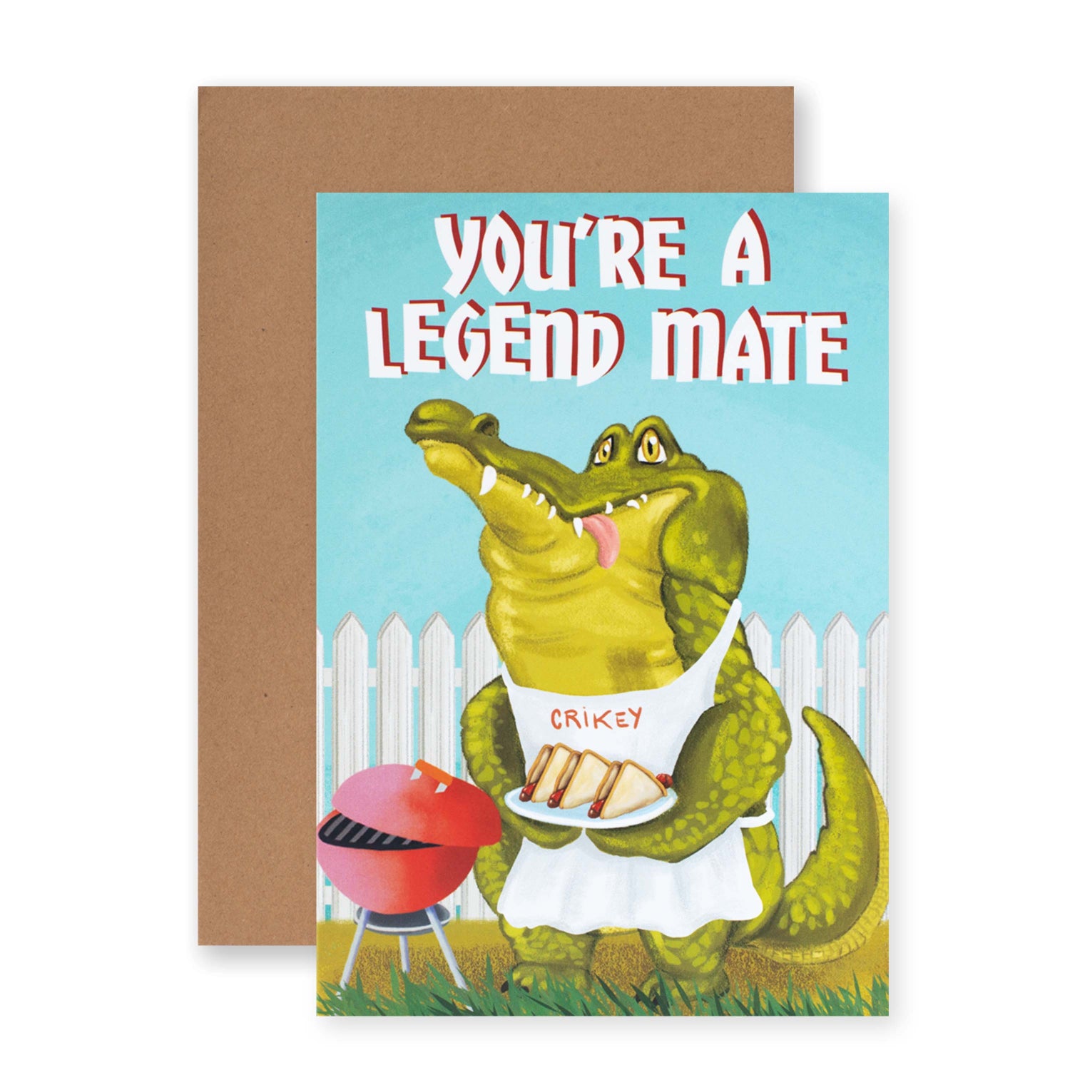 Hallmark Ozzy Oddities Greeting Card - Crikey Croc featuring an illustrated crocodile in an apron beside a barbecue.