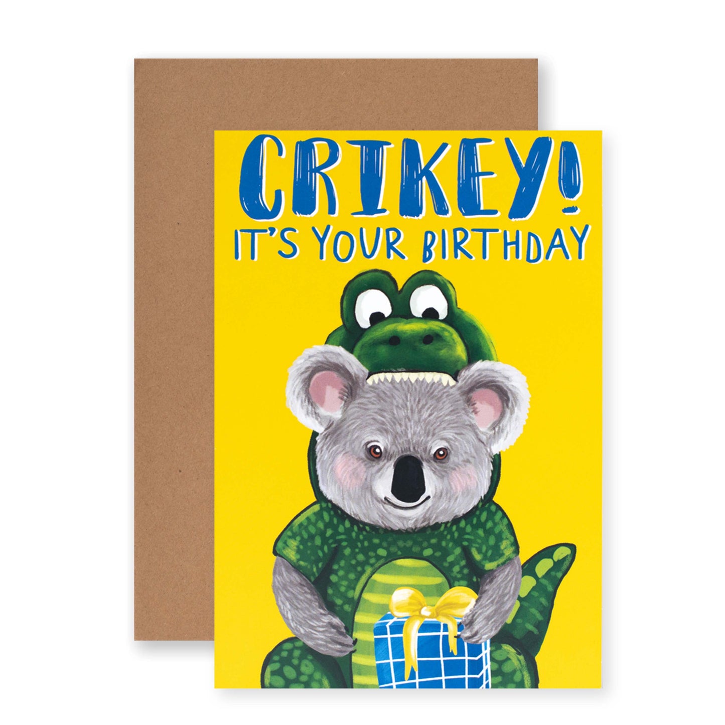 Hallmark Ozzy Oddities Birthday Card - Crikey Koala with colourful illustration of a koala in crocodile costume holding a gift.