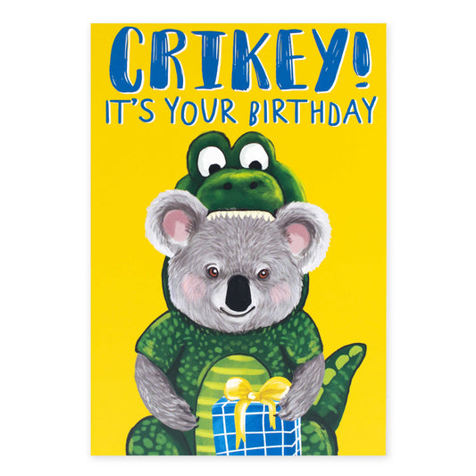 Hallmark Ozzy Oddities Birthday Card - Crikey Koala, colourful design with koala in crocodile costume, festive birthday illustration