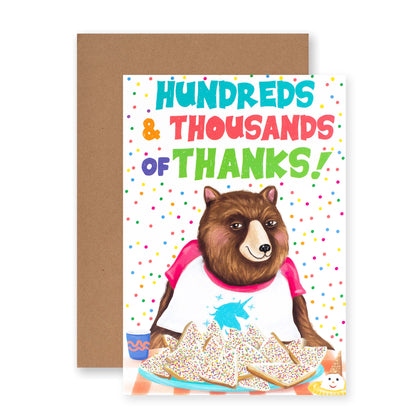 Hallmark Ozzy Oddities Thank You Card - Hundreds & Thousands, colourful bear illustration, fairy bread on plate, blank inside.