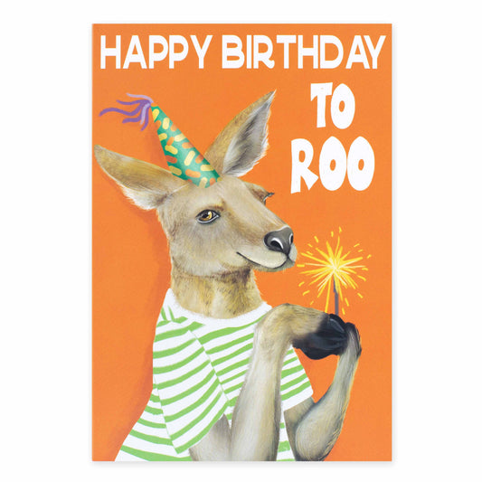 Hallmark Ozzy Oddities Birthday Card - Party Roo with kangaroo in party hat holding sparkler on orange background