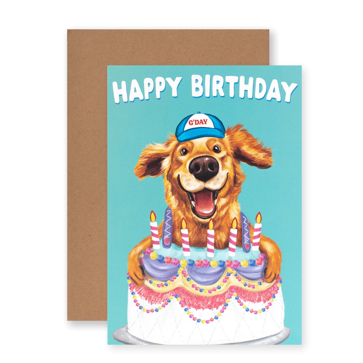 Hallmark Ozzy Oddities Birthday Card - Birthday Cake Dog featuring a smiling golden retriever with a birthday cake on a vibrant blue background.