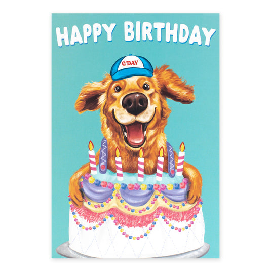 Hallmark Ozzy Oddities Birthday Card - Birthday Cake Dog featuring a golden retriever with a birthday cake and hat, colourful design.