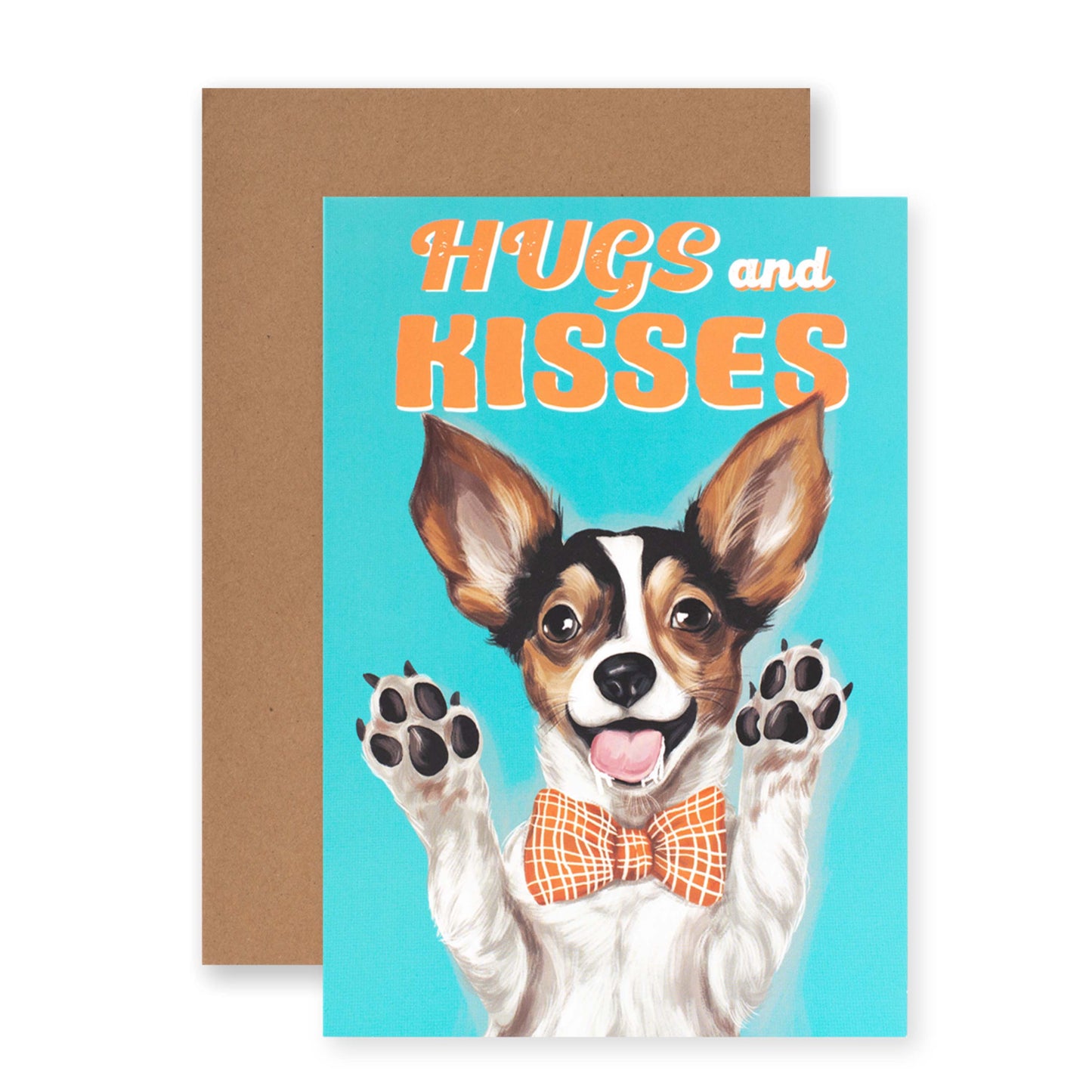 Hallmark Ozzy Oddities Greeting Card - Hugs & Kisses featuring a toy fox terrier with paws raised and bow tie on a vibrant blue background.