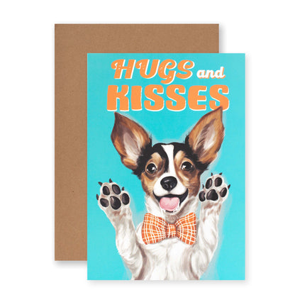 Hallmark Ozzy Oddities Greeting Card - Hugs & Kisses featuring a toy fox terrier with paws raised and bow tie on a vibrant blue background.
