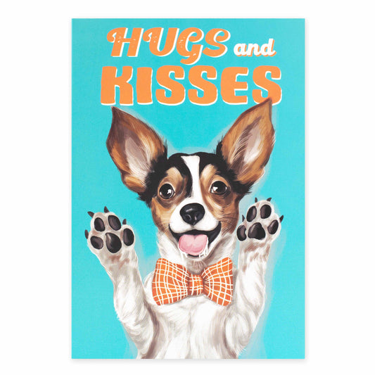 Hallmark Ozzy Oddities Greeting Card - Hugs & Kisses featuring a toy fox terrier with a bow tie and paws up against a bright blue background.