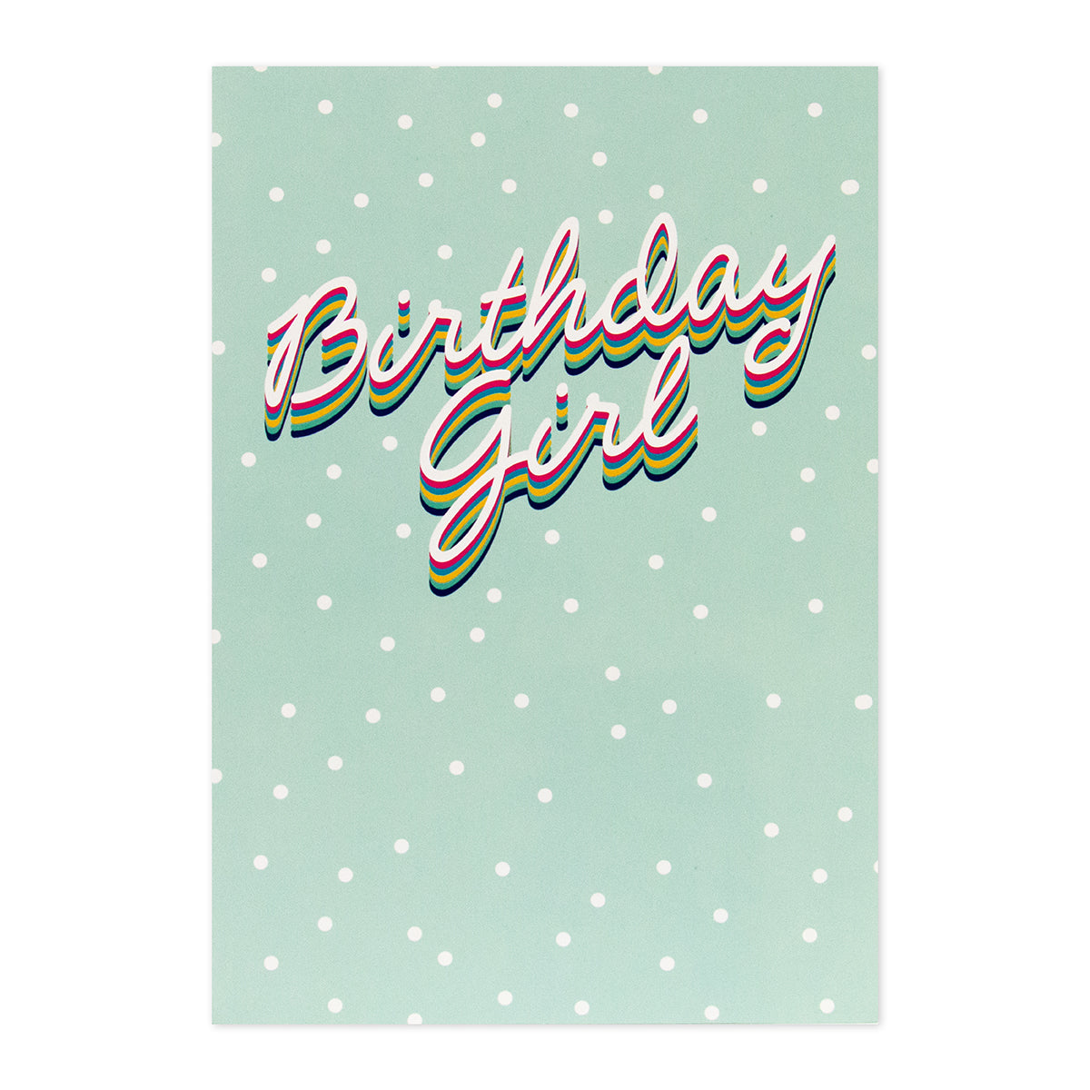Hallmark Interactive Sound Card - Birthday Girl, colourful text on mint green polka dot background, flat lay view