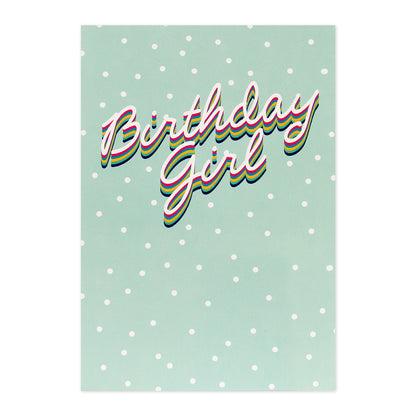 Hallmark Interactive Sound Card - Birthday Girl, colourful text on mint green polka dot background, flat lay view