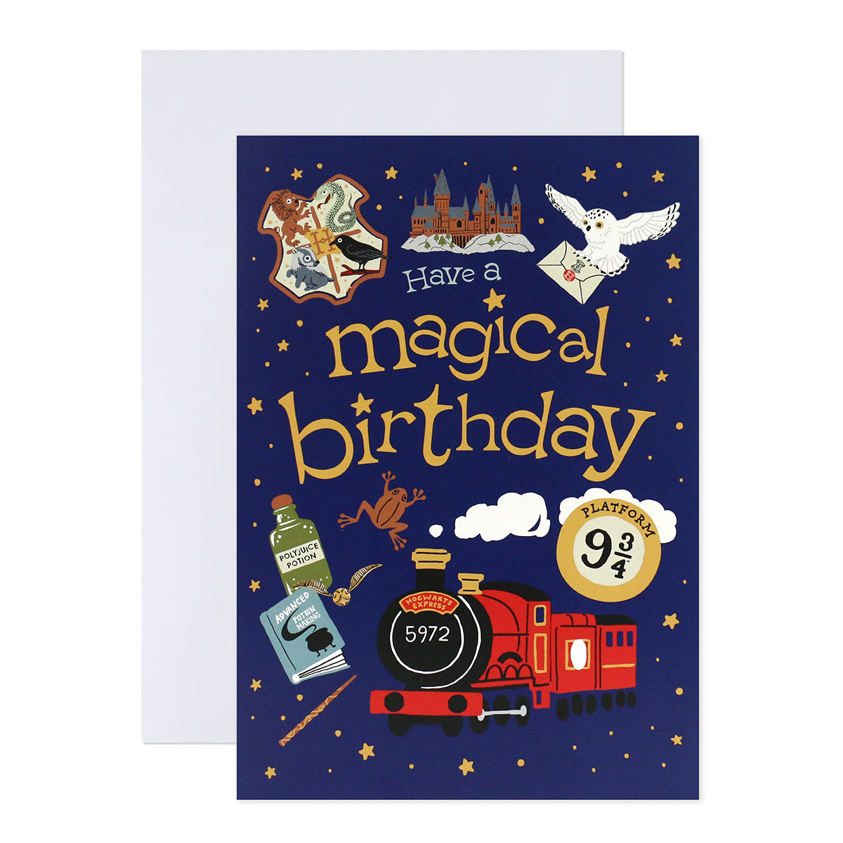 Hallmark Interactive Sound Card - Have a magical birthday with colourful design, featuring train and owl illustrations on navy background.