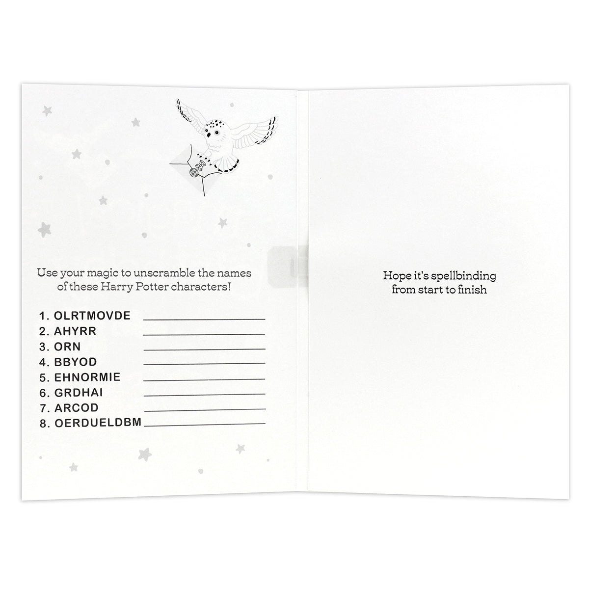Hallmark Interactive Sound Card - Have a magical birthday, inside view with scrambled names game and whimsical design.