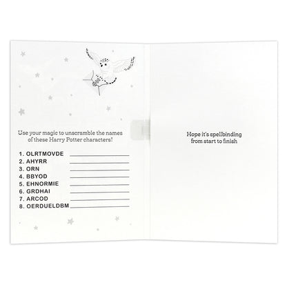 Hallmark Interactive Sound Card - Have a magical birthday, inside view with scrambled names game and whimsical design.