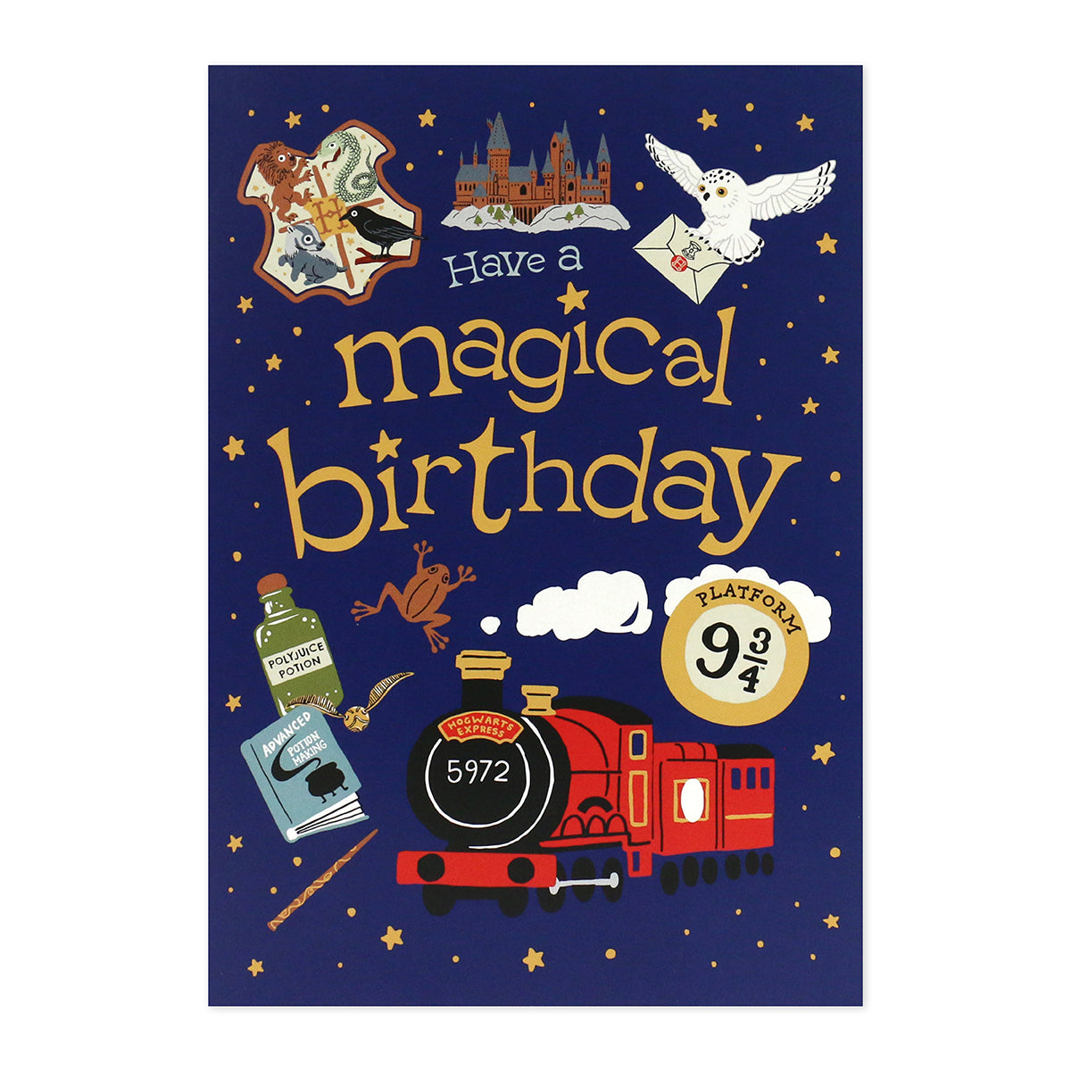 Hallmark Interactive Sound Card - Have a magical birthday featuring a whimsical design with a train, owls and stars in a blue background.
