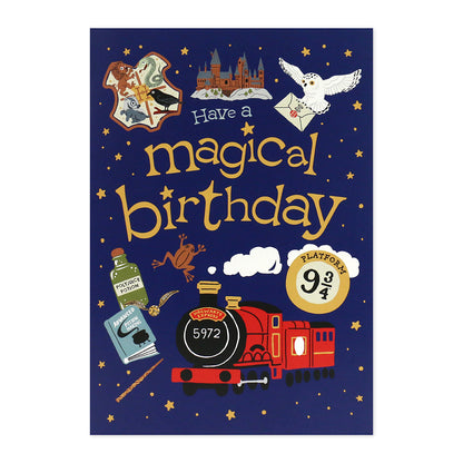 Hallmark Interactive Sound Card - Have a magical birthday featuring a whimsical design with a train, owls and stars in a blue background.